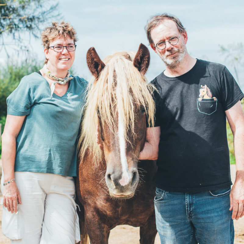 Een foto van twee mensen met in het midden een paard